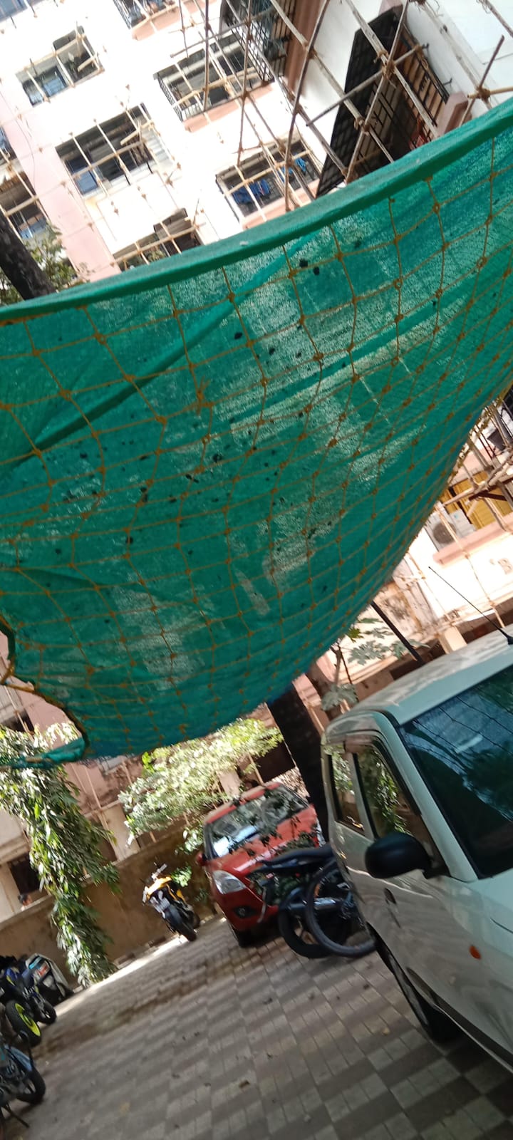 Green common area net over a residential parking space